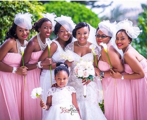 Wedding dress. Pink bridesmaid dresses. Fascinators hat short veils Nigerian Bridesmaid Dresses, Pink Bridesmaid Gowns, Bridesmaid Dresses 2017, Nigerian Women, Africa Clothing, Bridesmaid Gowns, Beautiful Bridesmaid Dresses, Latest Ankara, Perfect Bridesmaid Dress