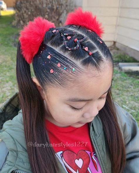 Valentines Toddler Hairstyles, Kids Valentine’s Day Hairstyles, Easy Valentine’s Day Hair For Kids, Girls Valentine’s Day Hair, Valentine’s Day Hair Toddler, Glitter Hair Gel, Valentines Hairstyles, Rubber Band Hairstyles, New Year Hairstyle