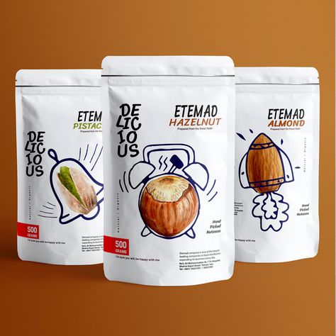 Etemad Nuts on Packaging of the World - Creative Package Design Gallery Chips Label Design, Stand Up Pouch Packaging Design, Nuts Packaging Design, Nuts Packaging, Chip Packaging, Fruit Packaging, Food Logo Design, Food Graphic Design, Stationary Design