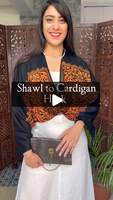 Meghna Singh 🧿 on Instagram: "📌 Save and share this easy way of using your old shawls.   Dress - @zara   Shawl to Cardigan Hack  #shawlhack #cardiganhack #stylehacks #hacksforlife #winterhacks #winterdrapegoals #drapeshawl #shawluses #rewearthat #rewearwardrobe" How To Turn A Shawl Into A Top, Shawl To Cardigan, How To Style A Shrug, Shawl Draping Styles, Shawl Draping, Diy Fashion Scarf, Shirt Hacks, Anarkali Dress Pattern, Draping Fashion