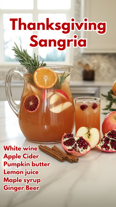 Thanksgiving Sangria is a vibrant, seasonal twist on the classic sangria, combining dry white wine, apple cider, and brandy with fall-inspired flavors of pumpkin, apple, and pomegranate. Finished with ginger beer for a fizzy touch, this sangria is a perfect addition to any holiday gathering.
#thanksgivingsangria #thanksgivingcocktails via @mybartender Classic Sangria, Thanksgiving Cider, Thanksgiving Sangria, Apple Cider Sangria Recipe, Easy Sangria Recipes, Golo Recipes, Holiday Sangria, Thanksgiving Cocktail, Apple Cider Sangria