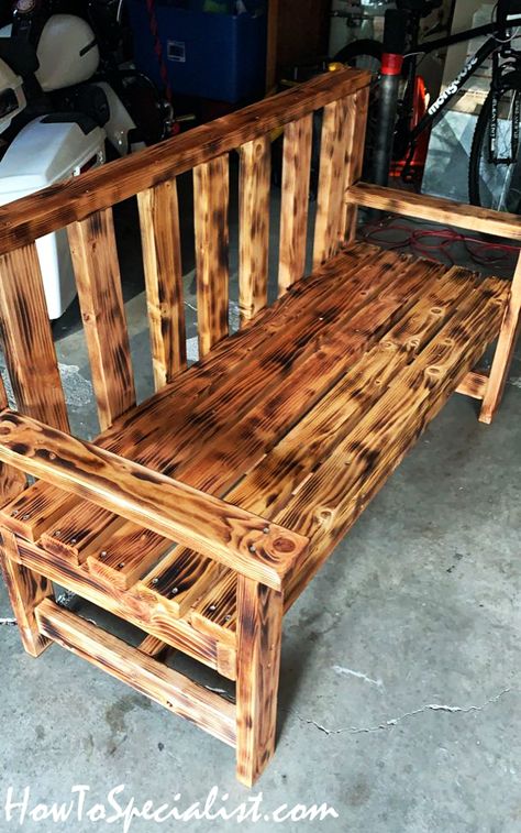 Burned Wood Bench - DIY Project | HowToSpecialist - How to Build, Step by Step DIY Plans Simple Diy Bench, Deck Bench Seating, Adirondack Bench, Bench Pallet, Garden Bench Plans, Wood Bench Outdoor, Diy Wood Bench, Diy Bench Outdoor, Burned Wood