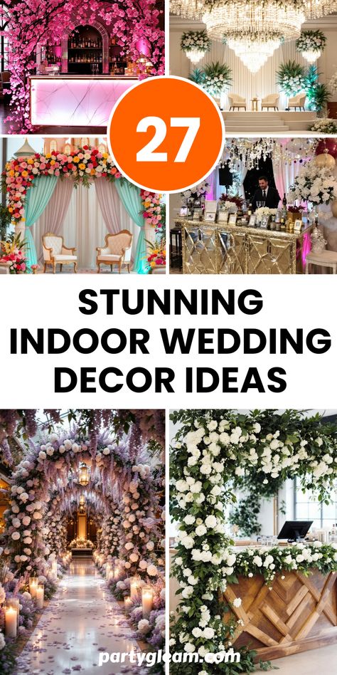 Are you dreaming of transforming your indoor wedding venue into an enchanting space? Discover these 27 stunning indoor wedding decor ideas that promise to elevate your big day. From whimsical Cherry Blossom Bar decor to elegant flower-adorned mandaps, this list has everything you need. Imagine walking down a lavender and white flower walkway lined with soft candles or designing a chic stage with a sparkling chandelier backdrop. Get all the inspiration you need to impress your guests and create unforgettable memories. Indoor Wedding Reception Decorations Indian, Wedding Pillar Flowers, Mandap Decoration Wedding, Indoor Wedding Decor Ideas, Flower Walkway, Indoor Wedding Backdrop, Chandelier Backdrop, Flower Chandelier Wedding, Romantic Decorating Ideas