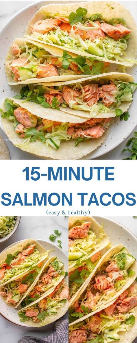 This 15-minute salmon taco recipe is a fresh take on traditional tacos, swapping out the usual beef or chicken for flaky salmon. Enjoy it with some crisp and tangy cabbage slaw for the best combo! Salmon Enchiladas, Traditional Tacos, Salmon Fish Tacos, Salmon Tacos Recipe, Healthy Seafood Dinners, Seafood Soup Recipes, Sea Food Salad Recipes, Salmon Tacos, Mussels Recipe