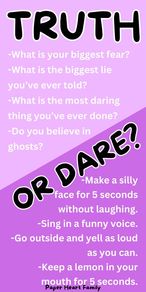 Fun truth or dare ideas for kids! These truth or dare questions are perfect for kids of all ages, and are the perfect group game for a birthday party or family get-together. T Or D Questions, Fun Truth Or Dare Questions, Fun Playdate Ideas, Best Truth Or Dare Questions, Best Truth Or Dare, Truth Or Dare Ideas, Dare Games For Friends, Dare Ideas, Questions To Ask Your Kids