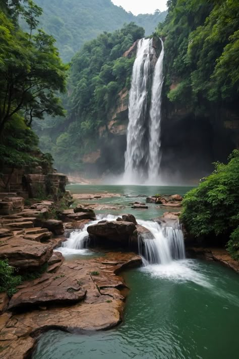 A hidden waterfall tumbles into a lush green pool in the heart of a dense forest. Sunlight filters through the leaves, casting a magical glow on the serene scene. #waterfall #forest #nature #naturephotography #naturelover #hiddengem #outdoors #travel #explore Waterfall Photography Nature, Waterfall Scenery Photography, Natural Environment Photography, Amazon Waterfall, Forest Waterfall Aesthetic, Forest With Waterfall, Waterfall Picnic, Waterfall Texture, Waterfalls Aesthetic