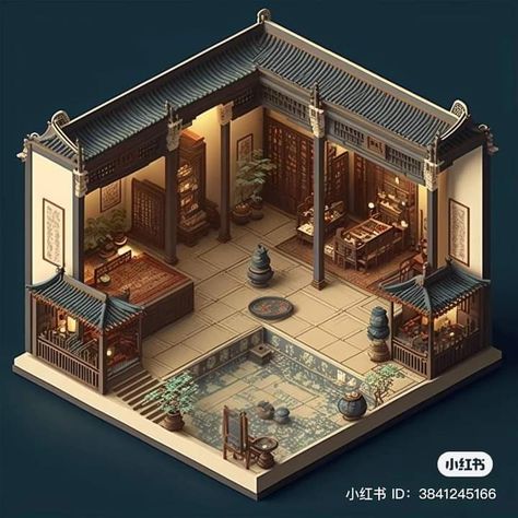 Sims 4 Japanese House Base Game, Isometric Japanese House, 3d Isometric Room, Traditional Japanese House Anime, Samurai House Japanese Style, Game Art Environment, Japanese Style House, Black Sea, Chinese Culture