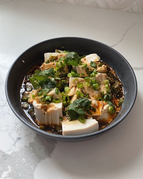 Silken tofu with spicy soy dressing – Katie Eats Boston Work From Home Lunch, Cold Tofu, Chile Oil, Soy Dressing, Tofu Bowl, Sweet Dressing, Tofu Dishes, Silken Tofu, Refreshing Food