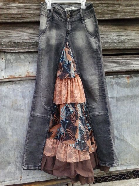 Black Denim Converted Skirt with Ruffles  Upcycled by MODESTIQUE Diy Jean Skirt, Diy Boho Clothes, Aesthetic Presentation, Clothes Makeover, Diy Denim Skirt, Country Jeans, Diy Skirts, Patchwork Denim Skirt, Diy Denim Jacket