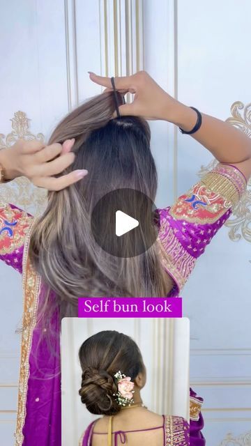 Rushi Patel |  Bridal Hairstylist | Makeup Artist on Instagram: "Self bun look ..
.
.
.
#rushipatelhairstylist #selfhair #selfhairstyle #selfbun #selfhaircut #selfhairdo #selfhairbun #selfhairstyle #selfcurls😍" Saree Look Hairstyles Bun, Hairstyle By Self, Simple Jura Hair Styles, Braided Hairstyles For Saree, Hair Do With Saree, Hair Bun Styles With Saree, Hair Bun For Saree, Bun Hairstyles For Saree, Prom Hair Braids