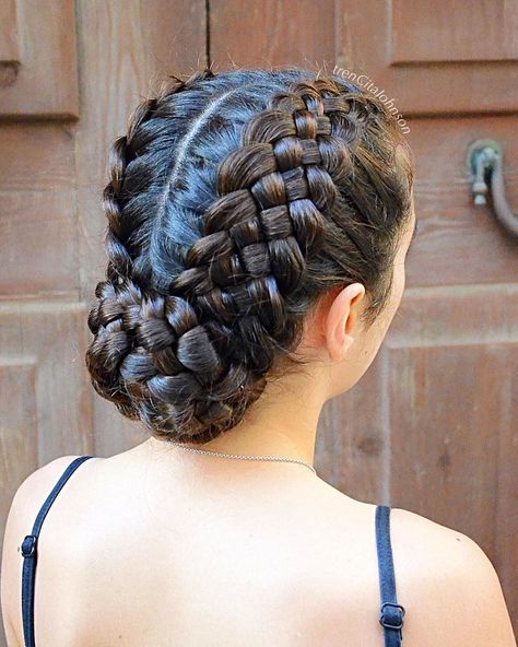 Braided Hairstyles For Dance Competitions, Complex Braided Hairstyles, Braided Dance Competition Hair, Braided Ballroom Hair, Dance Bun With Braid, French Braid Gymnastics Hair, Cool Braid Hairstyles, Cool Braids, Hair Stylies