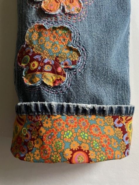 Upcycled Unisex Vintage Levi 34w Denim Unique Art Jeans One Only Hippie Festival Bohemian 1970 Vibe Frayed Patch Flowers and Hand Embroidery - Etsy Bordados Tambour, Denim Crafts Diy, Art Jeans, Upcycle Clothes Diy, Embellished Clothing, Boho Jeans, Blue Jeans Crafts, Recycled Clothing, Repurposed Clothing