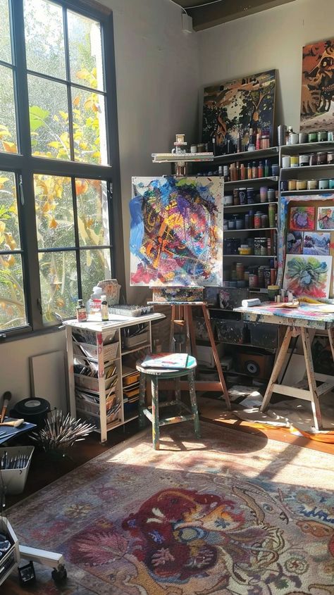 Room Of Artist, Aesthetic Painting Set Up, Messy Art Studio Aesthetic, Painting Space In Home, Rv Art Studio, Art Corner In Room, Art Corner Aesthetic, Cottage Art Studio, Arts College Aesthetic