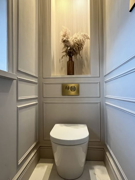 Excited to share a sneak peek of @Making_A_Home_'s stunning upstairs WC! ✨ They went for a timeless blend of warm, layered neutrals to create a cosy yet elegant vibe, perfect for a calming space. The classic wall panelling adds that traditional touch, while the brushed brass details—like the gorgeous Mode Spencer Brushed Brass Basin Mixer Tap—bring in a luxe, modern edge. 🚰 Paired with the sleek Mode Tate Back To Wall Toilet, this space is a perfect balance of sophistication and function! 💖 Paneling Toilet, Toilet Wainscoting, Cottage Toilet, Paneled Bathroom, Bathroom Panelling, Toilet Surround, Small Downstairs Toilet, Cloakroom Toilet, Corner Vanity Unit