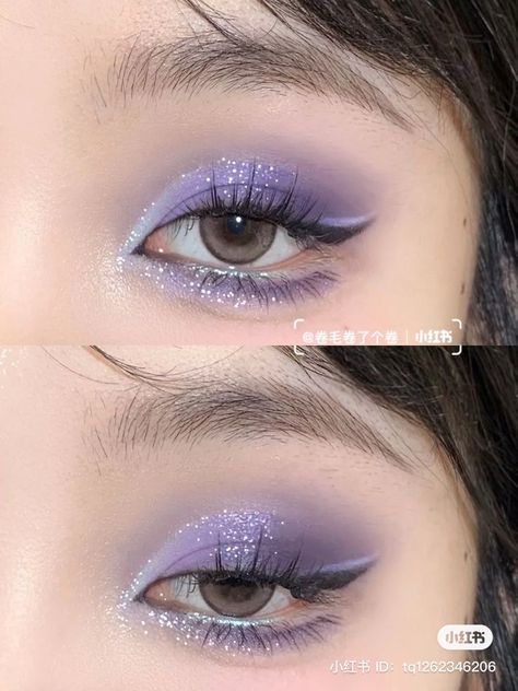 Twice Concert Makeup, Purple Makeup Prom, Purple Eye Makeup Aesthetic, Purple Douyin Makeup, Kpop Concert Makeup, Lilac Makeup, Lavender Makeup, Purple Makeup Looks, Concert Makeup