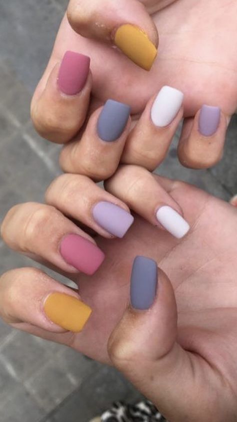 Every Nail Different Color Shades, Multi Colored Nails Spring, Square Gel Nails, Popular Color Schemes, Oval Nails Designs, Multicolored Nails, Long Square Nails, Solid Color Nails, Cute Simple Nails