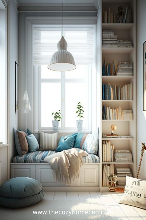 Good lighting is essential for a reading nook. You want to avoid straining your eyes while reading, so choose lighting that’s bright enough but not too harsh Bedroom Corner Nook Ideas, Reading Section In Room, Tiny House Reading Nook, Window Reading Nook With Storage, Bedroom Book Corner, Cozy Window Seat Book Nooks, Reading Nook In Living Room, 2023 Playroom, Cozy Reading Nook Small Spaces