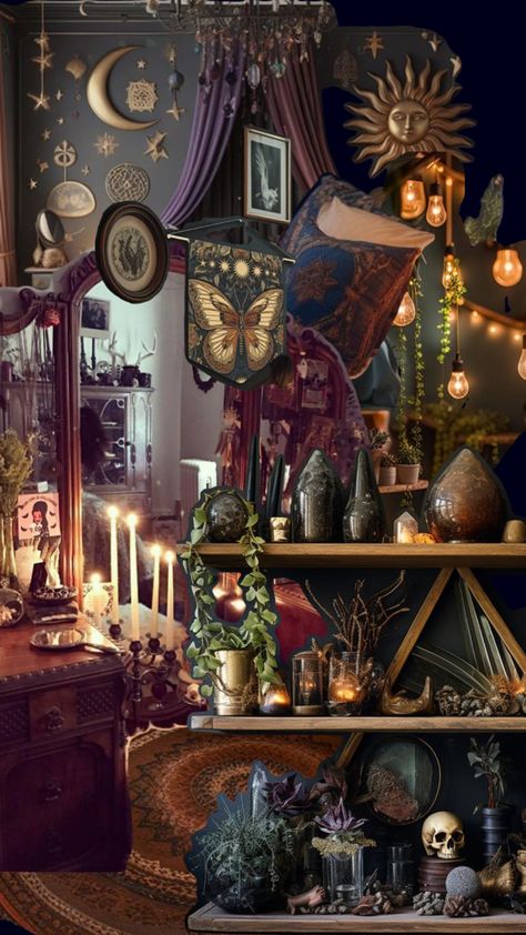 Kelsey+ Core + Aesthetic, Witch Core Room, Wizard Tower Interior, Witchcore Room, Whimsigoth Bathroom, Witch Apartment, Mystical House, Whimsigothic Decor, Hippie Bathroom