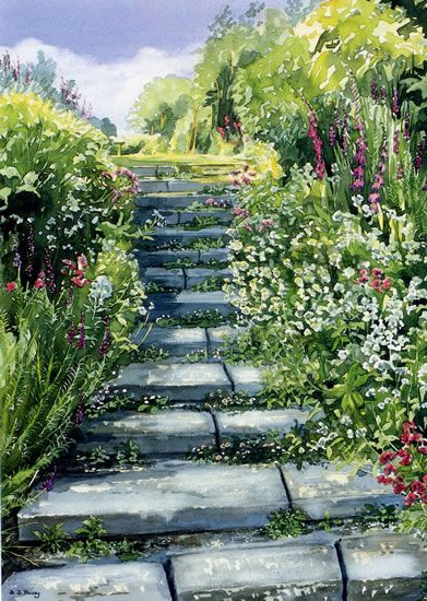 Garden Steps - watercolour by Dorothy Pavey. Love the idea for front yard. Men Pics, Garden Mural, Garden Watercolor, Garden Steps, Watercolour Inspiration, Garden Painting, Watercolor Artists, Watercolor Inspiration, Water Colour