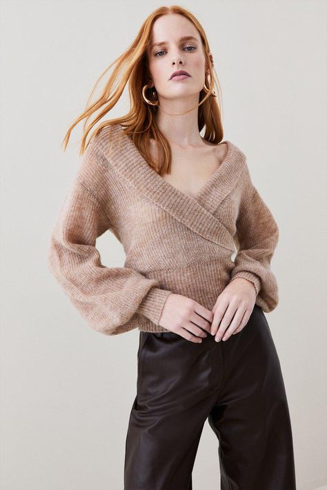 Style: Sweaterfabric: Wool Blendlength: Regularneckline: Bardotsleeve Length: Long Sleeve Jumper Outfits, Wrap Jumper, Wrap Front Sweater, Notes Style, Ladies Clothes Fashion, Ladies Clothes, Mohair Wool, Karen Millen, Knitted Jumper