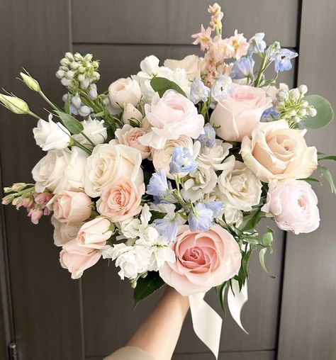 Best Flowers For Bridal Bouquet, Romantic Flower Arrangements Wedding, Blush Blue Green Wedding, Wedding Flower Peonies, Wedding Flowers With Peonies, Pale Wedding Bouquet, Colourful Pastel Wedding Flowers, Flowers For Summer Wedding, Wedding Bouquet Spring Flowers