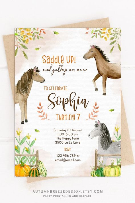 5x7 invitation for a pony birthday party theme Horses Birthday Party, Equestrian Birthday, Horse Birthday Party Invitations, Horses Birthday, Horse Invitations, Fall Birthday Invitations, Horse Birthday Invitations, Horses Farm, Horse Birthday Parties