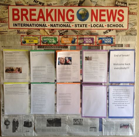 Breaking News! Classroom News Bulletin Board, News Bulletin Board Ideas, Information Bulletin Boards, Ra Programs, Boarders For Bulletin Boards, School Board Decoration, News Bulletin, Notice Boards, School Creative