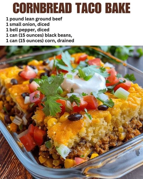 Cornbread Taco Bake Cornbread Taco Bake, Taco Cornbread Casserole, Cornbread Taco, Baked Tacos Recipe, Delicious Cornbread, Mexican Cornbread, Cornbread Casserole, Fusion Dishes, Taco Bake