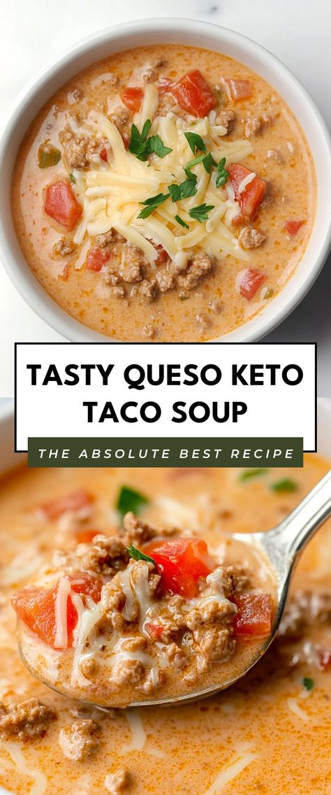 Image for Tasty Queso Keto Taco Soup Keto Dinner Recipes Soup, Best Keto Soups Ever, Taco Meat Keto Recipes, Queso Taco Soup, Keto Mexican Soup Recipes, Taco Soup Keto Low Carb, Low Carb Soup With Ground Beef, Healthy Soup Recipes Low Carb, Keto Queso Soup