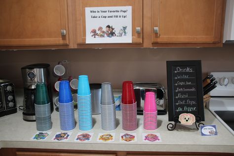 Paw Patrol Party Drink Station Paw Patrol Party Drinks, Paw Patrol Backyard Party Ideas, Paw Patrol Drink Ideas, Paw Patrol Drinks, Paw Patrol Games Birthdays, Party Drink Station, Paw Patrol Games, Paw Patrol Birthday Theme, Party Stations