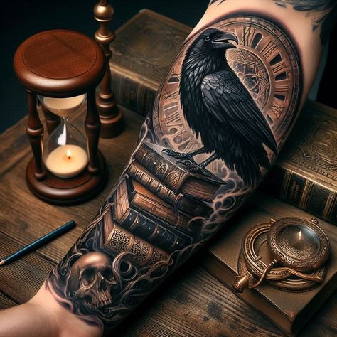 Final design Idea for raven tattoo Realistic Raven Tattoo, Raven Tattoo Sleeve, Raven Shoulder Tattoo, Raven Tattoo Men, Raven Tattoo Feminine Arm, Nordic Raven Tattoo, Odin's Ravens Tattoo, Nova Tattoo, Realism Tattoos