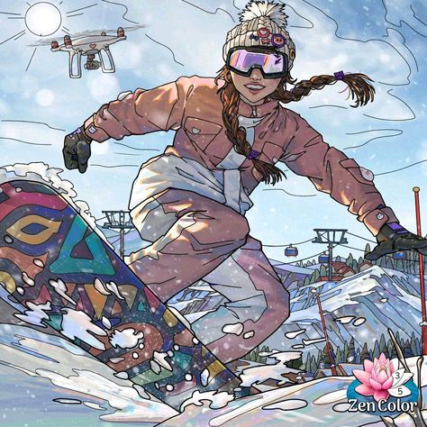 Snowboarder Drawing, Snowboarding Drawing, Snowboard Drawing, Ski Drawing, Snowboard Girl, Cartoon Style Drawing, Zen Colors, Ski Girl, Easy Drawings Sketches