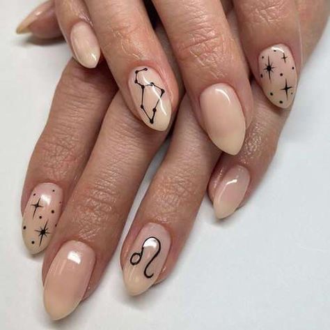 Star Sign Nail Art, Leo Constellation Nails, Leo Sign Nails, Leo Zodiac Nail Designs, Star Sign Nails, Virgo Nail Art, Leo Nails Zodiac, Taurus Nails Designs, Zodiac Sign Nails