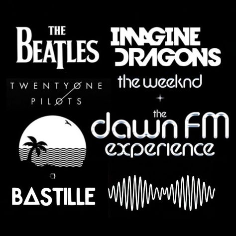 Logos from The Beatles, Imagine Dragons, Twenty One Pilots, The Weeknd, The Neighbourhood, Bastille and Arctic Monkeys Imagine Dragons, Pop Artist, Bastille, One Pilots, The Weeknd, Arctic Monkeys, Twenty One Pilots, Twenty One, Pilots