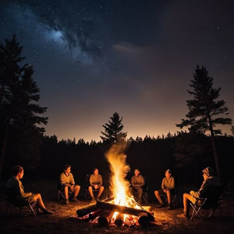 Watching The Night Sky While Talking to a group of friends near the camp fire    #camping #campfire #night #galaxy #wallpaper #aiartwallpaper Camping Night Photography, Friends Camping Trip Aesthetic, Fire Pit Pictures With Friends, Campfire With Friends Aesthetic, Camping Fire Aesthetic, Campfire Aesthetic Friends, Night Camping Aesthetic, Campfire Photos, Friends Campfire