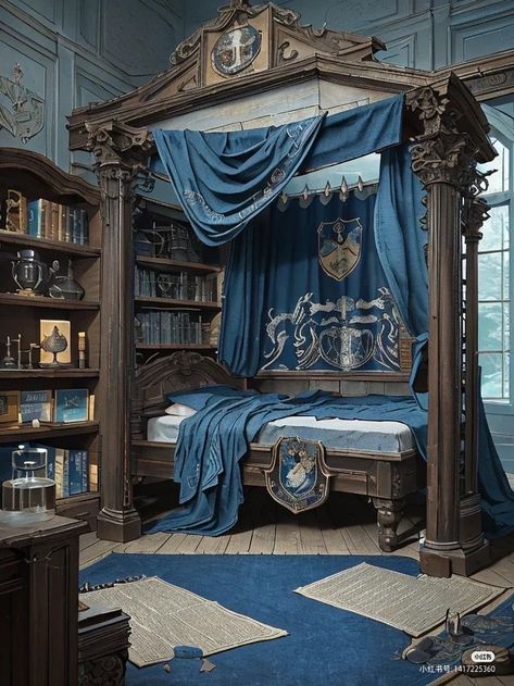 Diy Ravenclaw Decor, Hogwarts Aesthetic Ravenclaw Common Room, Ravenclaw Themed Bedroom, Ravenclaw Common Room Bedrooms, Hogwarts Room Aesthetic, Ravenclaw Dorm Room, Ravenclaw Bedroom Aesthetic, Ravenclaw Bedroom Ideas, Ravenclaw Inspired Bedroom