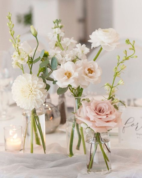 Peony In Bud Vase, White Roses In Bud Vases Wedding, Diy Small Centerpieces, Dusty Rose Bud Vases Wedding, Bridal Brunch Centerpieces, White And Blush Centerpieces Wedding, Bud Vase Arrangements Wedding, Bud Vase Head Table, Dried Flower Bud Vases Wedding