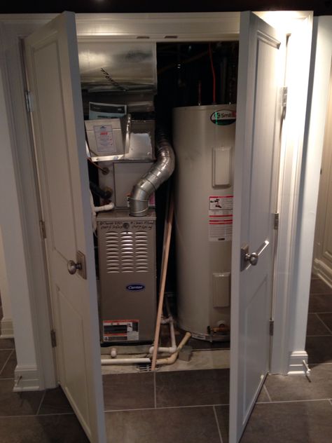 Water heater and furnace closet Furnace Closet, Refinished Basement, Furnace Room, Unfinished Basement Ideas, Basement Redo, Indoor Ideas, Basement Laundry Room, Basement Reno, Basement Laundry