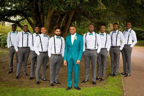 Turquoise Suit Mens Groomsmen, Teal Wedding Suit Groom, Peacock Groomsmen Attire, Teal And Grey Wedding Ideas, Teal Groom Suit, Teal Groomsmen Attire, Turquoise Groomsmen, Teal Groomsmen, Wedding Suit Blue