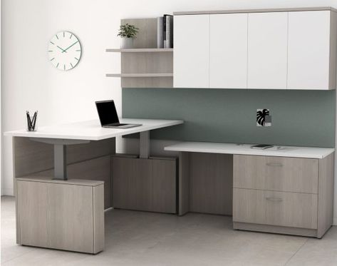 Height Adjustable L-Desk Wall Hutch, L Desk, Height Adjustable Desk, Modesty Panel, Sit To Stand, Sit Stand Desk, Office Snapshots, Private Office, L Shaped Desk