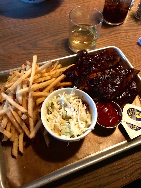 [I ATE] Smoked Pork Ribs with house fries and coleslaw with a little High West American Prairie bourbon #TTDD#TheThingsDadsDo Ribs And Fries, American Prairie, Sticky Ribs, Bourbon Recipes, Smoked Pork Ribs, American Recipes, Chocolate Milkshake, Smoked Pork, Bad Food