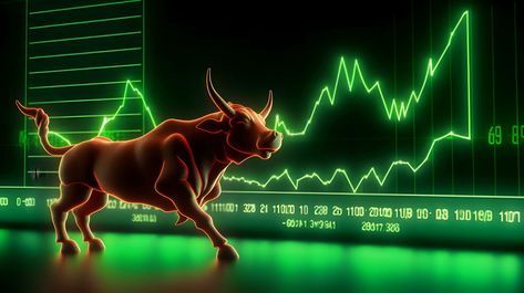 Bull with background of uptrend stock market. Concept of bullish market. AI generated Bull Market, Richie Rich, A Bull, The Middle East, Middle East, Stock Market, In The Middle