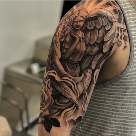 Angel Tattoo Arm, Mum And Dad Tattoos, Angel Sleeve Tattoo, Angle Tattoo, Ship Tattoos, Shoulder Sleeve Tattoos, Cherub Tattoo, Cool Wrist Tattoos, Tattoo Themes