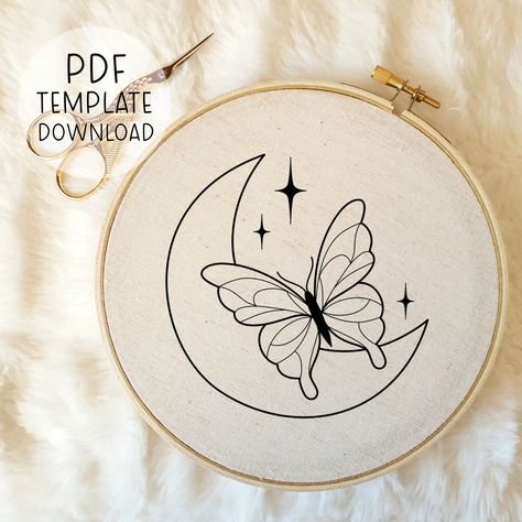 Crescent Moon Embroidery Pattern Download Butterfly Stitching Design Handmade Sewing Pattern Celestial Hand Embroidery Designs, Cute Crafts Moon Embroidery Pattern Free, Butterfly Embroidery Template, Butterfly Embroidery Pattern Templates, Floral Embroidery Patterns Templates, Moon Embroidery Pattern, Crescent Moon Embroidery, Insects Embroidery, Butterfly Embroidery Designs, Butterfly Embroidery Pattern