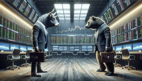 A realistic render of a bull and a bear in a modern trading room setting, embodying the constant battle between bullish and bearish trends. AI Generative Bull And Bear Wallpaper, Bullish And Bearish, Trading Room, Bull Bear, Bull And Bear, Realistic Render, Room Setting, A Bull, Bear Wallpaper