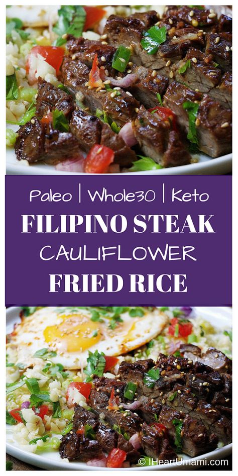 Paleo Filipino Skirt Steak Cauliflower Fried Rice ! Low carb cauliflower fried rice with gluten-free steak marinade pan seared in cast iron skillet. Add this easy healthy recipe to your Paleo, Keto, and Whole30 meal plan. Follow the link for quick video tutorial + print the recipe !  via @iheartumami Steak Cauliflower, Paleo Cauliflower Fried Rice, Paleo Rice, Whole30 Meal Plan, Seared Salmon Recipes, Skirt Steak Recipes, Whole 30 Meal Plan, Cauliflower Fried, Cauliflower Fried Rice