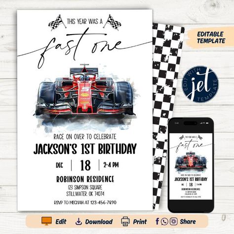 Start Your Engines for a Racing Adventure! Gear up for an unforgettable celebration with our Vintage Formula One Racing Birthday Invitation! Perfectly designed for your little speedster's first birthday, this invitation features charming vintage graphics of classic race cars that will rev up excitement for all your guests. This customizable editable template will ensure your invitation stands out and delights everyone who receives it! ✅ INSTANT ACCESS ✅ NO EXPIRATION DATE ✅ Edit All Verbiage ✅ Edit Font Style ✅ Edit Font Color ✅ Edit Font Size INSTANT DOWNLOAD - Access your template within minutes of purchase and edit in JetTemplate - A FREE fully customizable template editor that allows you to personalize your printable file. No software to install or fonts too download. You will need to Formula One First Birthday Party, Formula 1 First Birthday, Formula One Birthday Party, Cars Invitation, Cars Theme Birthday Party, Race Car Party, Car Themes, Christmas Invitations, First Birthday Invitations