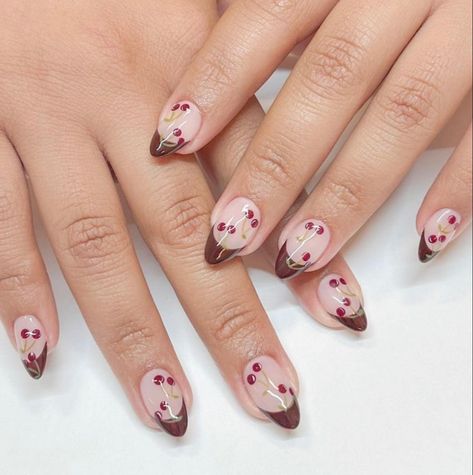 By @glossy.studios Brown Cherry Nails, Cherry Nails, Cherry Cola, Brown Nails, Autumn Nails, Chocolate Cherry, Nail Artist, Simple Nails, Nail Inspo