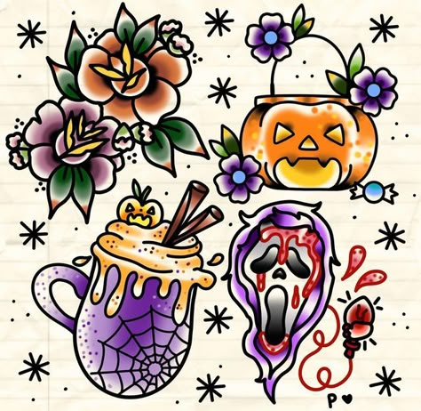 Fun Halloween Tattoos, Cute And Spooky Tattoos, Spooky Pinup Tattoo, Apprenticeship Portfolio, Ink Practice, Fairy Potion, Fall Tattoos, 13th Friday, Sticker Sketch