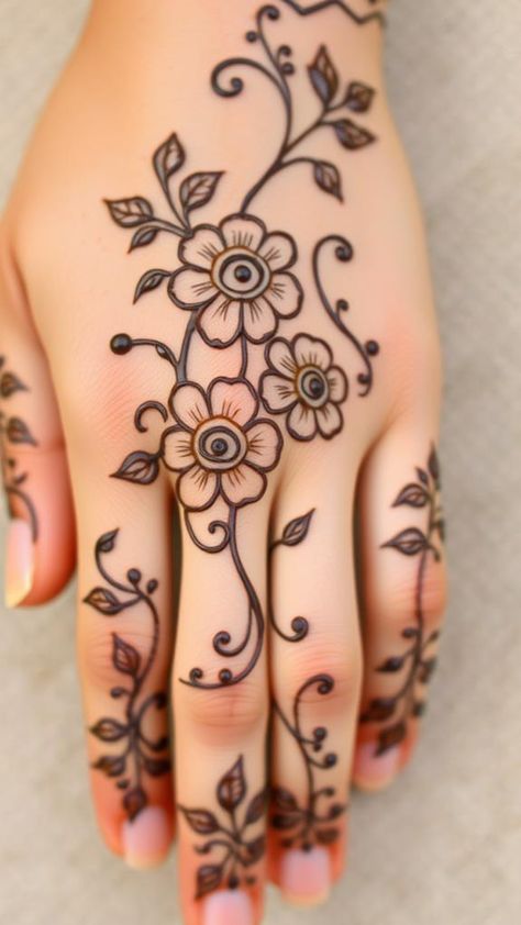 Discover captivating henna tattoos that can elevate your style and express your individuality in ways you never imagined. Which design will inspire you? Botanical Henna Designs, Simple Henna Designs Flower, Henna Tattoo Inspiration, Mendi Pattern, Simple Henna Hand Designs, Foot Henna Designs Simple Easy, Henna Hand Designs Simple, Simple Hand Tattoo Ideas, Forearm Henna Tattoo